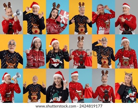 People in Christmas sweaters on color backgrounds, set of photos