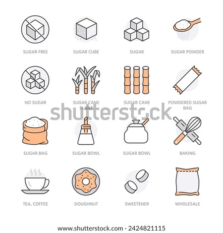 Sugar cane, cube flat line icons set. Sweetener, stevia, spoon, bakery products, rolling pin, whisk vector illustrations. Outline signs for sugarless food. Orange Color. Editable Stroke