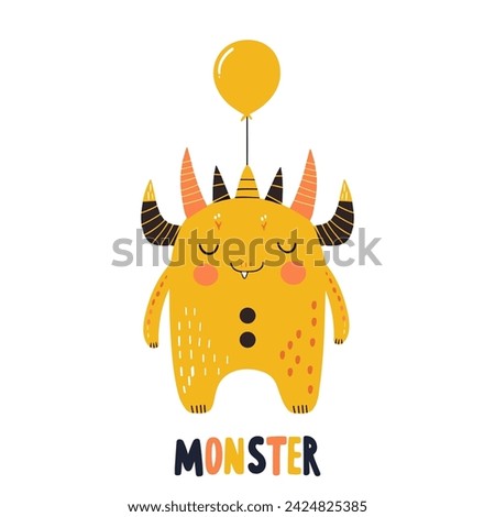 Cute monster hand drawn illustration in Scandinavian and flat style for kids. Monster clipart	
