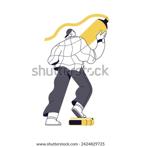 Student underlining important with text marker, highlighter in hand. Tiny man character highlighting and marking something, drawing line. Flat vector illustration isolated on white background