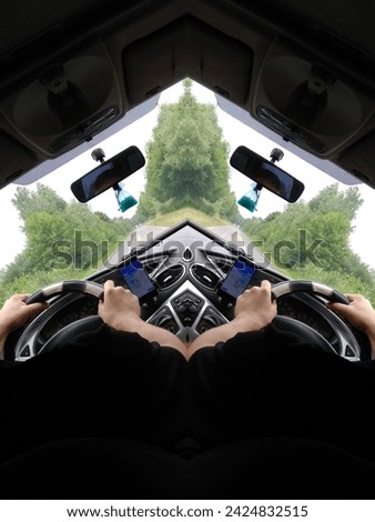 mirror image. mirroring diagonally. inside the car, driver road, windshield, gearbox, torpedo