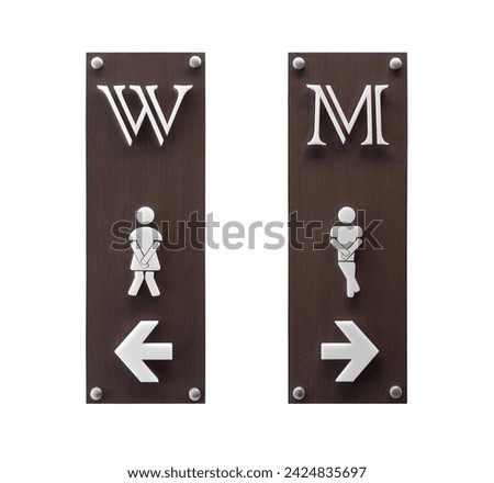 Signs for women's and men's restrooms are made of wood, with arrows, female and male symbols, letters W and M, made from white acrylic, the signs are attached with silver rivets isolated on white