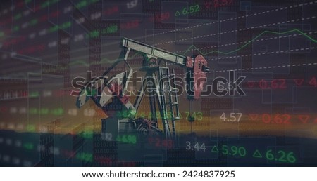 Image of financial data processing with graph over pumpjack on black background. Global business, finances and digital interface concept digitally generated image.