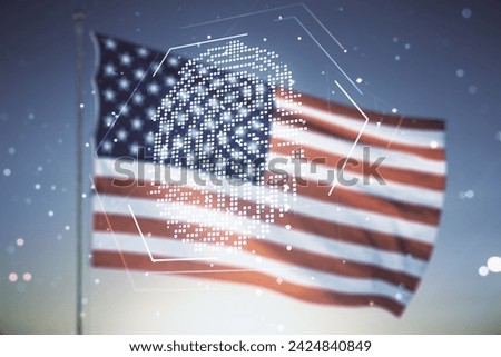 Abstract virtual fingerprint hologram on USA flag and sunset sky background. Multiexposure