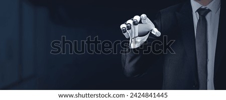 Robot finger touch or click something on a virtual screen, copy space background. Businessman in formal suit with cyborg hand. Concept of artificial intelligence, machine learning and technology Royalty-Free Stock Photo #2424841445