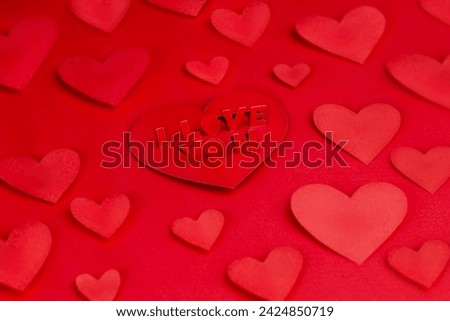 I love you. love wallpaper, red hearts shape on red background flat lay