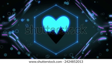 Image of shapes and heart icon on black background. Social media and background design concept digitally generated image.