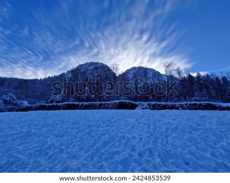 Winter sunrise in Austrian Alps. Winter sunshine over snowy mountains. Snowy panorama with the Austrian Alps, the green coniferous forests and a valley covered by white snow.