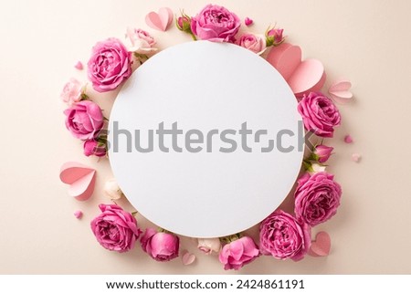 Observing March 8th, this top view image beautifully displays petite paper hearts and fresh rose petals spread over empty circular card on pastel beige surface, reserving space for text or an advert Royalty-Free Stock Photo #2424861191