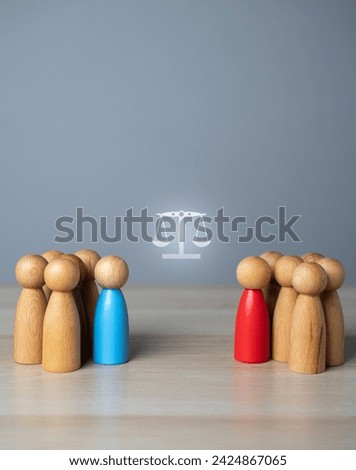 The two opposing groups resolve the dispute through the courts. Conflict resolution through a disinterested independent person. Reach a compromise. Negotiations and bidding. Royalty-Free Stock Photo #2424867065