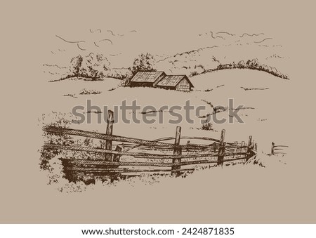 Green grass field on small hills. Meadow, alkali, lye, grassland, pommel, lea, pasturage, farm. Rural scenery landscape panorama of countryside pastures. Vector sketch illustration Royalty-Free Stock Photo #2424871835