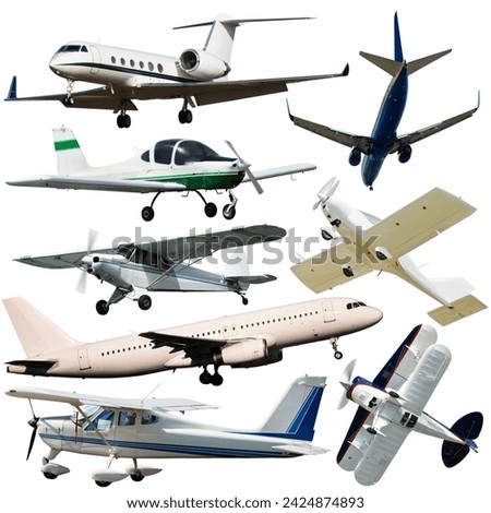 Passenger airplanes, gliders, gyroplanes, aircrafts isolated on white background
