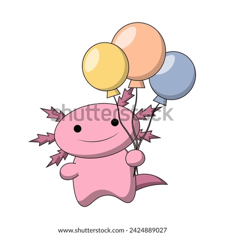 Cute cartoon Axolotl with helium balloon in color