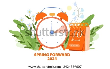 Daylight Saving Time Begins concept. Vector illustration of clock and calendar date of changing time in march 10, 2024 with spring flowers decoration. Spring Forward Time illustration banner Royalty-Free Stock Photo #2424889607