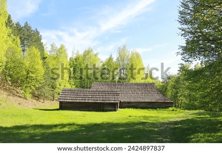 Traditional wooden Ukrainian houses from Transcarpathia in Pirogovo, Ukraine Royalty-Free Stock Photo #2424897837