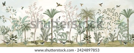 Bird and Branch Mural in Peach Sunrise, Tropical plant, garden, watercolor background.