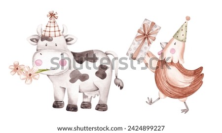 Farm birthday animals clip art. Hand drawn with watercolor in cute cartoon style. Isolated on white. For kid greeting card, invitation, frame art
