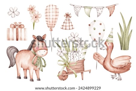 Farm birthday animals clip art. Hand drawn with watercolor in cute cartoon style. Isolated on white. For kid greeting card, invitation, frame art