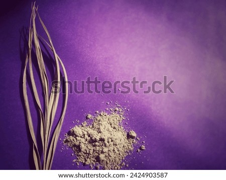 Lent Season, Holy Week, Ash Wednesday, Palm Sunday and Good Friday concepts. Palm leaf and heap of ash in purple  background. Stock photo.