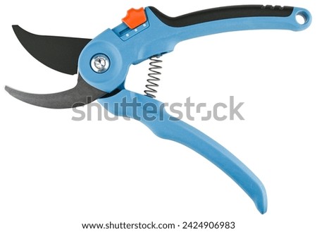Blue garden secateur isolated on a white background. Pruning shears. Top view. Royalty-Free Stock Photo #2424906983