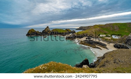 Kynance Cove beach photo panoramic aerial view in a rainy day, The Lizard Peninsula, Cornwall. South West England.