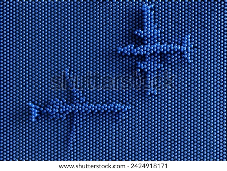 Volumetric silhouettes of passenger airplanes on a blue abstract background of many small mosaic details. Simulation of flight in the sky. Tourism, vacation or relocation. Photo. Close-up