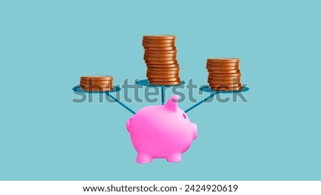 Multiple streams of income are represented by Golden coins on a board. Concept of multiplying sources of revenue. Composite image with piggy bank and coins. Diversification of income