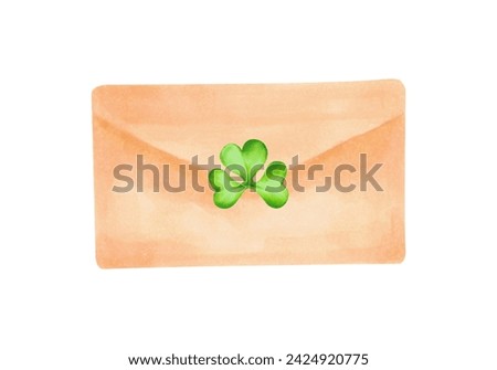 Paper brown envelope with clover. Talisman for St. Patrick's Day. Illustration with watercolors and markers. Hand drawn isolated sketch.Clip art for design,stickers, invitation or template.