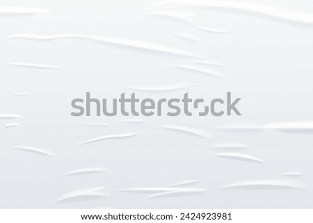 Glued white horizontal rectangle paper sheet. Vector isolated realistic crumpled poster. Wet greased wrinkles blank template texture. Empty advertising column mockup for creative design. Royalty-Free Stock Photo #2424923981