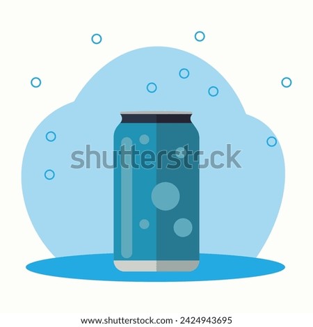A 500ml generic metal soda can with painted bubbles on its packaging, entirely in shades of blue or light blue, with gray on a transparent background surrounded by circles representing gases. Royalty-Free Stock Photo #2424943695