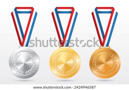 golden, silver and bronze medals with tricolor ribbon
