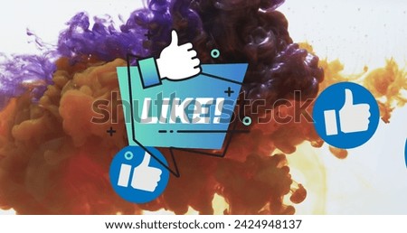 Image of like text with icons over colourful liquid on white background. Social media, communication and background design concept digitally generated image.