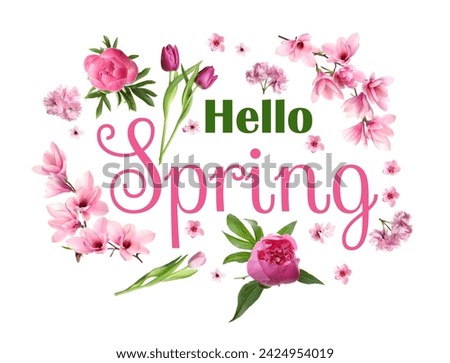 Hello Spring card. Beautiful flowers on white background