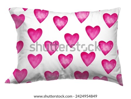 Soft pillow with printed red hearts isolated on white
