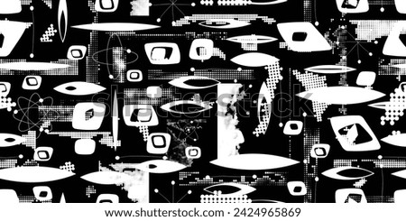 Glitch distorted grungy abstract forms . Halftone dots seamless pattern texture. Grange shapes .Grunge textured . Vector shapes with half tone dots .Screen print endless pattern texture