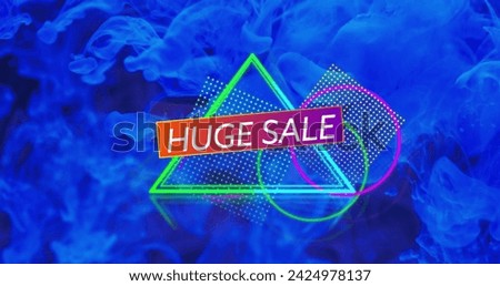 Image of huge sale text with shapes over blue liquid background. Shopping, communication and background design concept digitally generated image.