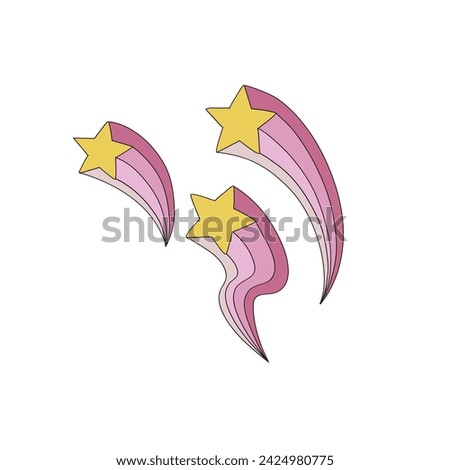 Groovy shooting stars with rainbow trace vector illustration set isolated on white. Retro party 60s 70s 80s cowgirl disco print collection.
