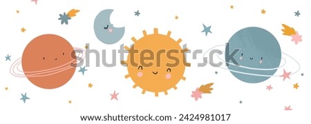 Beautiful childish set with hand drawn cute sun planets and stars. Colorful kids clip art.