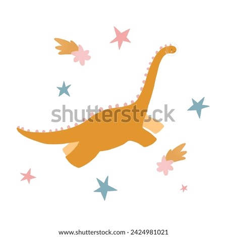 Beautiful childish composition with hand drawn cute dinosaur with stars. Colorful kids clip art.