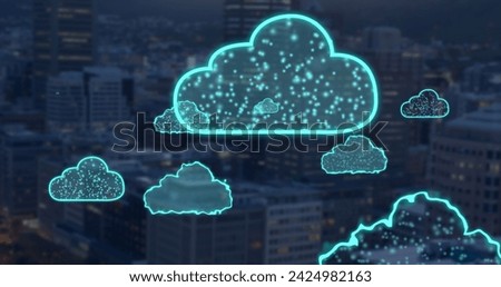 Image of digital clouds flying over cityscape. Global cloud computing, connections and data processing concept digitally generated image.