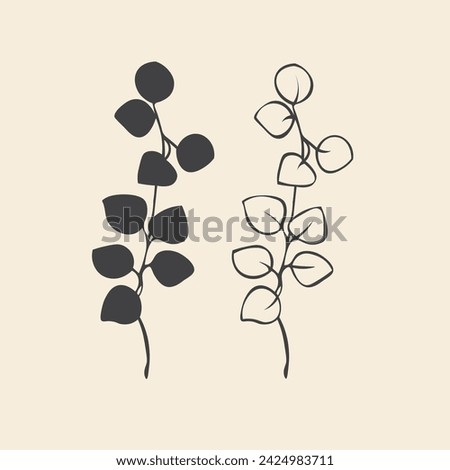 Botanical vector illustration. Monochrome icon, hand drawn eucalyptus branch. Floral clip art.
