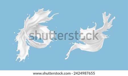 Twisted milk splashes isolated on blue background. Natural dairy product, yogurt or cream splash. Realistic Vector illustration