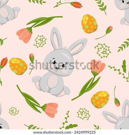 Adorable hand drawn Easter seamless pattern with bunnies, eggs and flowers, great for banners, wallpapers, packaging, textiles - vector design,