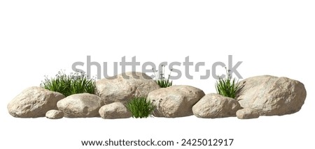 Nature realistic rocks position landscape with grass flower isolate backgrounds 3d render