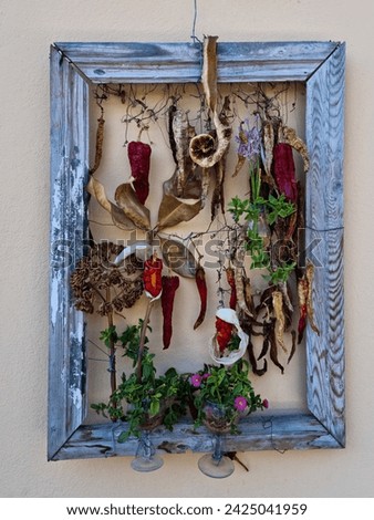 A beautiful composition made of dried vegetables, flowers and field plants, looks like a natural three-dimensional painting. Coral products framed in a blue frame create a very romantic image of natur