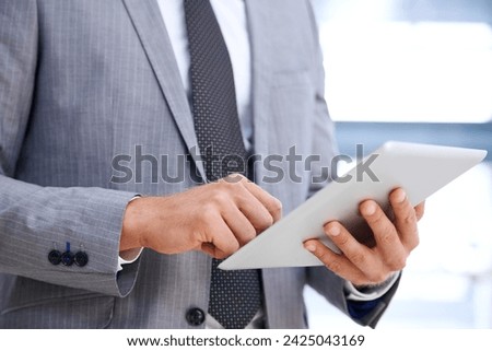 Businessman, hands or tablet for research on website, internet or social media in digital agency. Networking, closeup or employee typing on technology for schedule, news or online solution in office