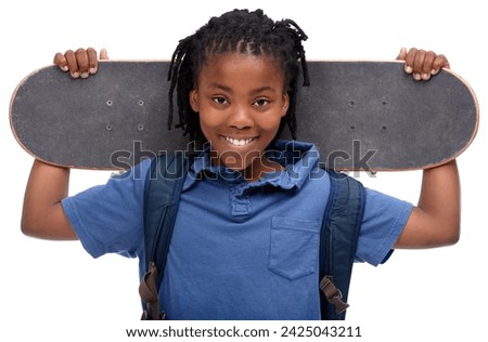 Portrait, smile and african boy skater in studio isolated on white background for sports or leisure. Kids, happy or training and face of confident young kid with board for skating or recreation