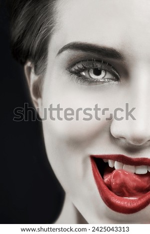 Woman, portrait and gothic lips in studio for beauty, cosmetics and dark aesthetic with smirk and edgy. Face of model in villain character, fantasy contact lens and red lipstick on a black background
