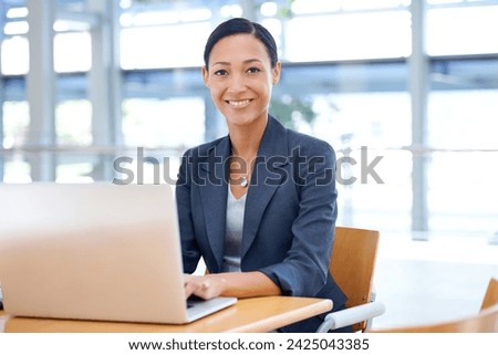 Happy businesswoman, portrait or laptop for networking on website, internet or social media in office. Research, smile or proud employee typing on technology for schedule, news or online information