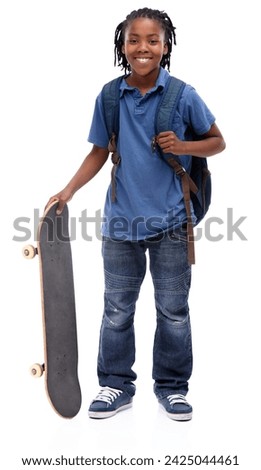 Portrait, skateboard and happy african kid in studio isolated on white background for sports or leisure. Kids, smile or training and confident young skater boy with board for fun or recreation